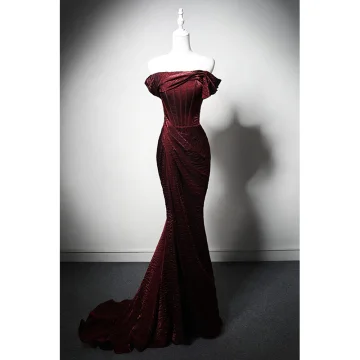 Elegant Burgundy Prom Dresses 2024 Trumpet Mermaid Strapless Sleeveless Backless Sweep Train Prom Formal Dresses