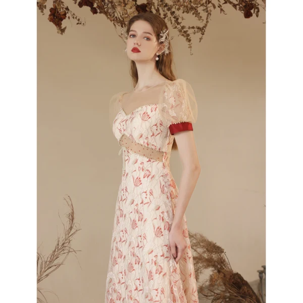 Mode Rouge Perle Noeud Paillettes Robe De Soirée 2023 Princesse Encolure Dégagée Gonflée Manches Courtes Dos Nu Longue Soirée Robe De Ceremonie