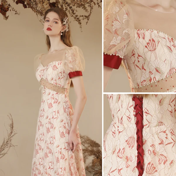 Mode Rouge Perle Noeud Paillettes Robe De Soirée 2023 Princesse Encolure Dégagée Gonflée Manches Courtes Dos Nu Longue Soirée Robe De Ceremonie