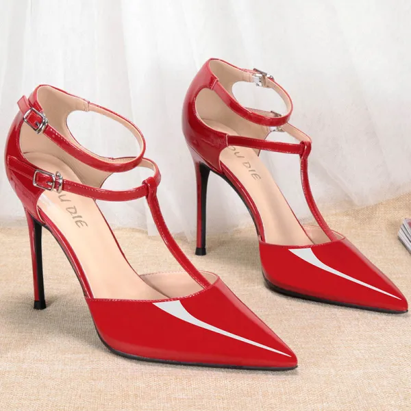 Chic / Beautiful Nude Street Wear Patent Leather Womens Sandals 2020 T-Strap 10 cm Stiletto Heels Pointed Toe Sandals