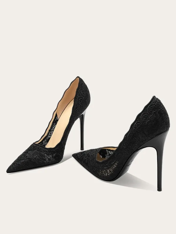 Vintage Zwarte Kant Bloem Avond Pumps 2024 Leer 10 cm Naaldhakken / Stiletto Spitse Neus Pumps Hoge Hakken