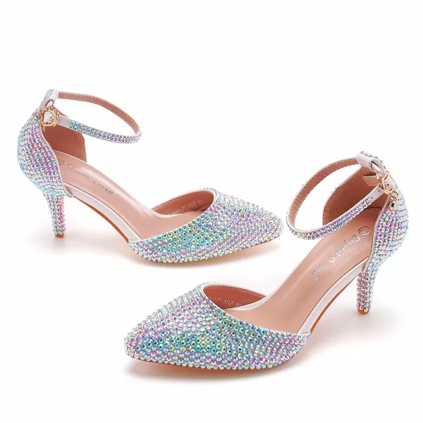 Chic / Belle Multi-Couleurs Faux Diamant Chaussure De Mariée 2022 7 cm Talons Aiguilles Bride Cheville À Bout Pointu Mariage Talons Hauts