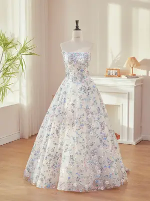 Blomma Fe Himmelsblå Beading Paljetter Appliqués Balklänningar 2026 Balklänning Axelbandslös Ärmlös Halterneck