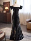 Sparkly Black Sequins Evening Dresses 2024 Trumpet / Mermaid Off-The-Shoulder Puffy Short Sleeve Backless Floor-Length / Long Evening Party Formal Dresses