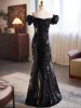 Sparkly Black Sequins Evening Dresses 2024 Trumpet / Mermaid Off-The-Shoulder Puffy Short Sleeve Backless Floor-Length / Long Evening Party Formal Dresses