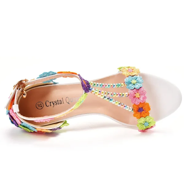 Chic / Beautiful Flower Fairy Multi-Colors Wedding Shoes 2022 Lace Flower Pearl T-Strap 9 cm Stiletto Heels Open / Peep Toe Wedding Sandals High Heels