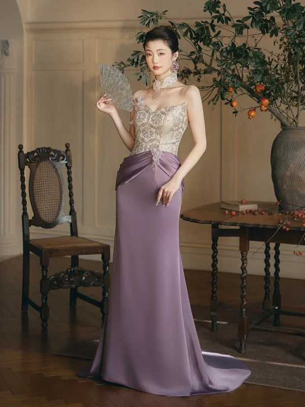 Amazing / Unique Lavender Appliques Printing Evening Dresses 2025 Trumpet / Mermaid Strapless Sleeveless Backless Sweep Train Evening Party Formal Dresses