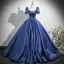 Vintage / Originale Bleu Marine Satin Robe De Bal 2025 Robe Boule Encolure Carrée Manches Courtes Dos Nu Noeud Train De Balayage Promo Robe De Ceremonie