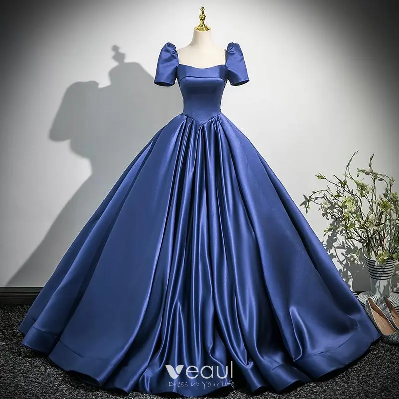 Vintage / Retro Navy Blue Satin Prom Dresses 2025 Ball Gown Square Neckline  Short Sleeve Backless Bow Sweep Train Prom Formal Dresses