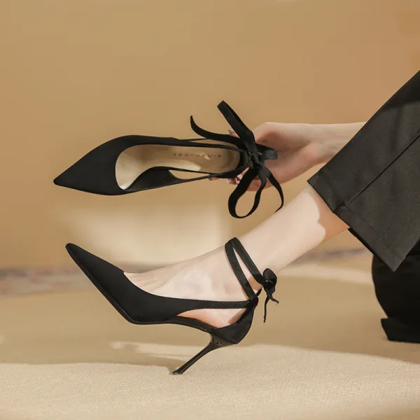 Fashion Black Evening Party Womens Sandals 2023 Leather Ankle Strap Bow 8 cm Stiletto Heels Pointed Toe High Heels