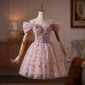Fée Des Fleurs Rougissant Rose Perlage Perle Faux Diamant Appliques Courte Robe De Bal 2026 Robe Boule De L Épaule Manches Courtes Dos Nu Tulle Robe De Ceremonie