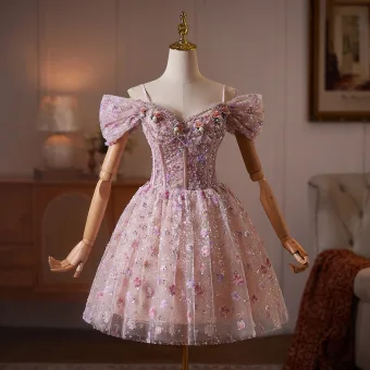 Fée Des Fleurs Rougissant Rose Perlage Perle Faux Diamant Appliques Courte Robe De Bal 2026 Robe Boule De L Épaule Manches Courtes Dos Nu Tulle Robe De Ceremonie