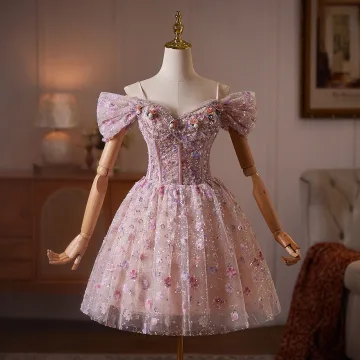 Flower Fairy Blushing Pink Beading Pearl Rhinestone Appliques Short Prom Dresses 2026 Ball Gown Off The Shoulder Short Sleeve Backless Tulle Formal Dresses