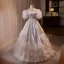 Vintage / Retro White Lace Flower Satin Cascading Ruffles Wedding Dresses 2024 Ball Gown Off-The-Shoulder Short Sleeve Backless Floor-Length / Long Wedding