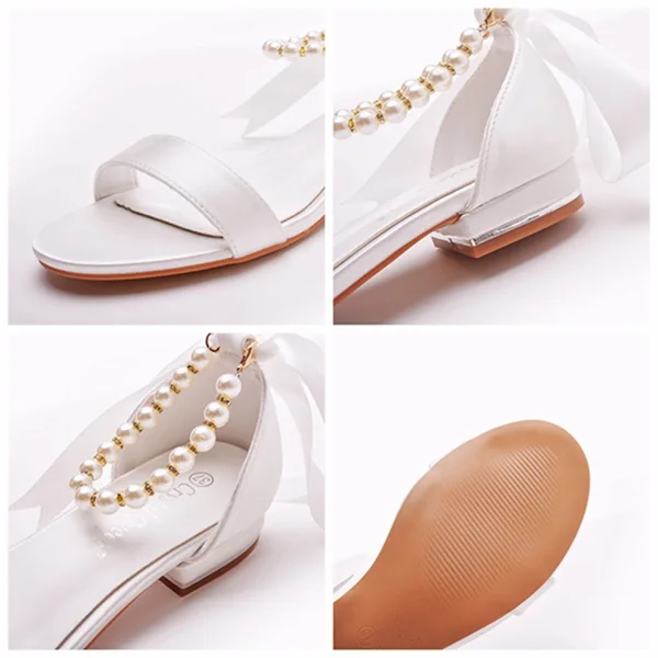 Sexy Weiß Perle Knöchelriemen Schleife Flache Brautschuhe 2023 Peeptoes Hochzeit Sandaletten