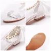Sexy White Pearl Ankle Strap Bow Flat Wedding Shoes 2023 Open / Peep Toe Wedding Sandals