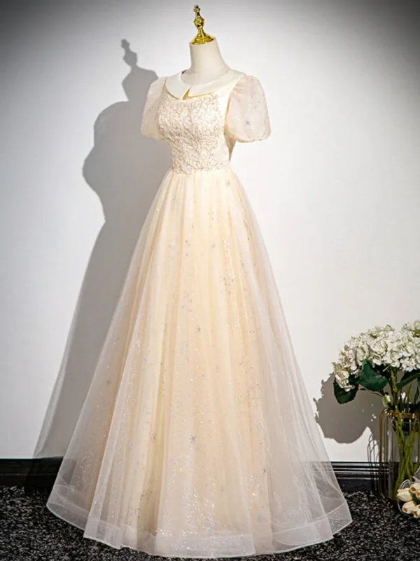 Chic / Beautiful Champagne Sequins Prom Dresses 2024 A-Line / Princess Scoop Neck Short Sleeve Floor-Length / Long Prom Formal Dresses