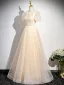 Chic / Beautiful Champagne Sequins Prom Dresses 2024 A-Line / Princess Scoop Neck Short Sleeve Floor-Length / Long Prom Formal Dresses