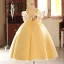 Lovely Yellow Bow Appliques Birthday Flower Girl Dresses 2025 Ball Gown Scoop Neck Short Sleeve Backless Floor-Length / Long Tulle