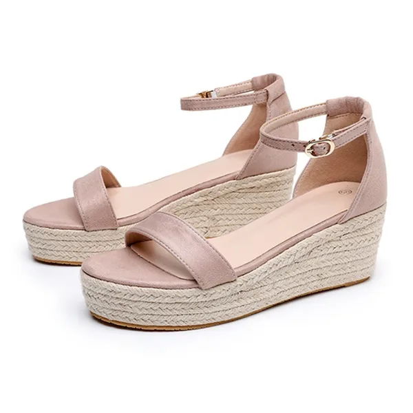 Schöne Beige Strand Sandalen Damen 2024 Knöchelriemen Hochhackige 6 cm Keilabsatz Peeptoes Sandaletten