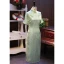 Chinese style Sage Green Pearl Printing Silk Prom Cheongsam 2024 Trumpet / Mermaid High Neck Short Sleeve Tea-length