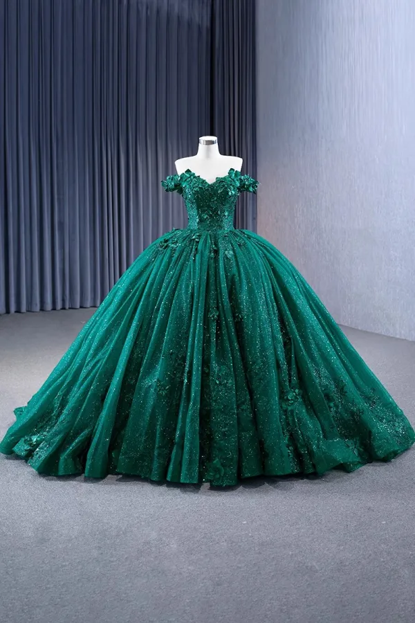 Luxury / Gorgeous Dark Green Handmade  Beading Sequins Appliques Prom Dresses 2023 Ball Gown Off-The-Shoulder Sleeveless Backless Court Train Prom Formal Dresses