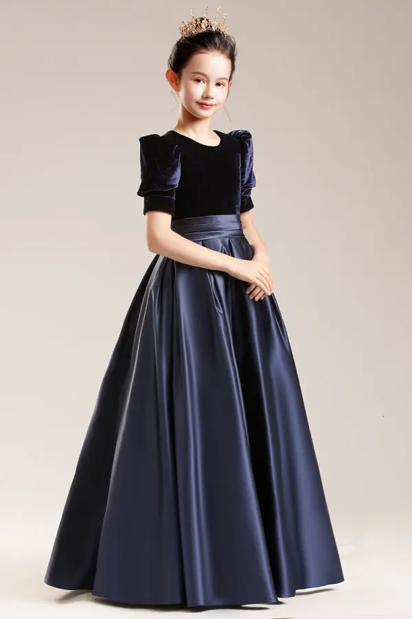 Vintage / Retro Satin Black Birthday Prom Flower Girl Dresses 2022 A-Line / Princess Scoop Neck Short Sleeve Floor-Length / Long Flower Girl Dresses