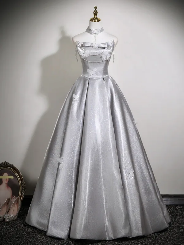 Schöne Silber Grau Perlenstickerei Pailletten Schmetterling Ballkleider 2025 Ballkleid Off Shoulder Ärmellos Rückenfreies Schleife Lange Festliche Kleider