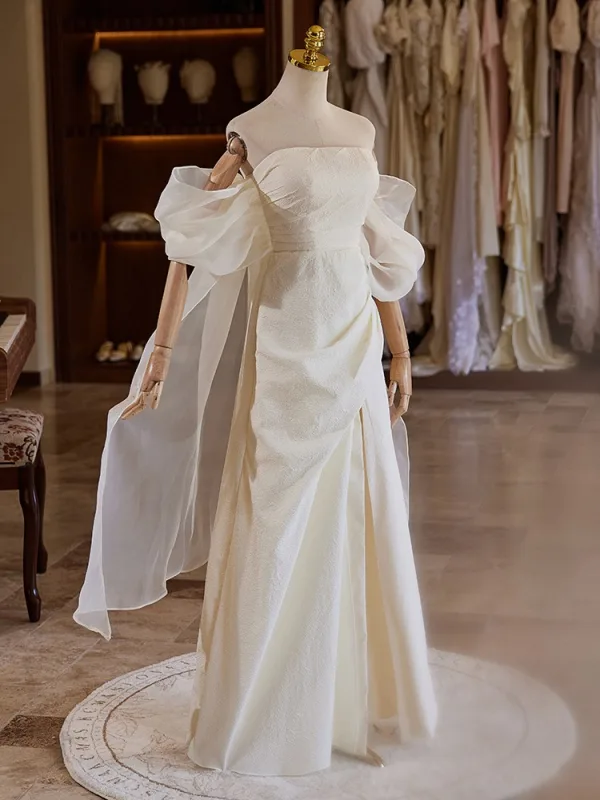Fashion White Split Front Wedding Dresses 2024 A-Line / Princess Off-The-Shoulder Short Sleeve Backless Floor-Length / Long Wedding