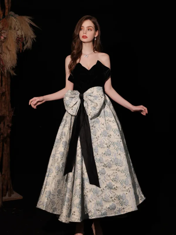 Charming Black Floral Evening Dresses 2022 A-Line / Princess Strapless Sleeveless Bow Backless Floor-Length / Long Evening Party Formal Dresses