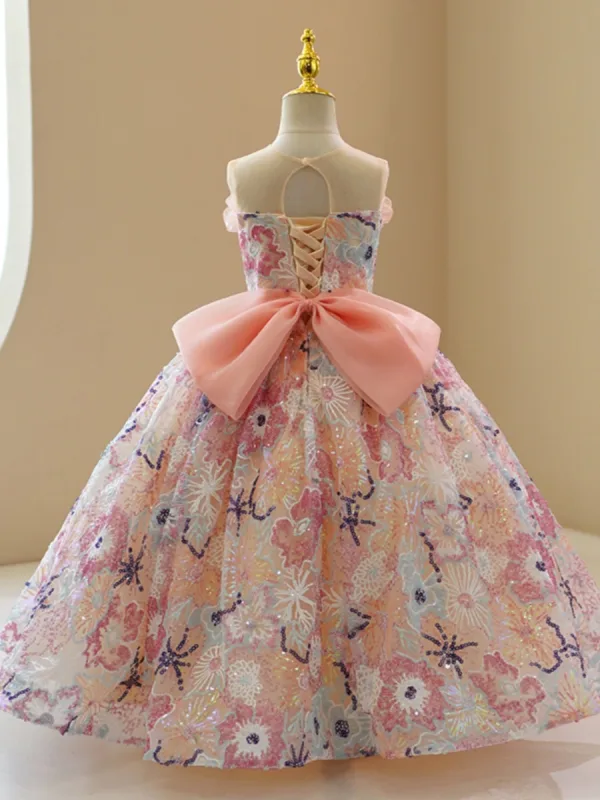 Charming Champagne Beading Rhinestone Sequins Appliques Flower Girl Dresses 2023 Ball Gown Scoop Neck Birthday Sleeveless Backless Bow Floor-Length / Long