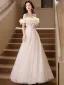 Fashion Candy Pink Appliques Sequins Prom Dresses 2025 A-Line / Princess Off-The-Shoulder Short Sleeve Backless Floor-Length / Long Prom Formal Dresses