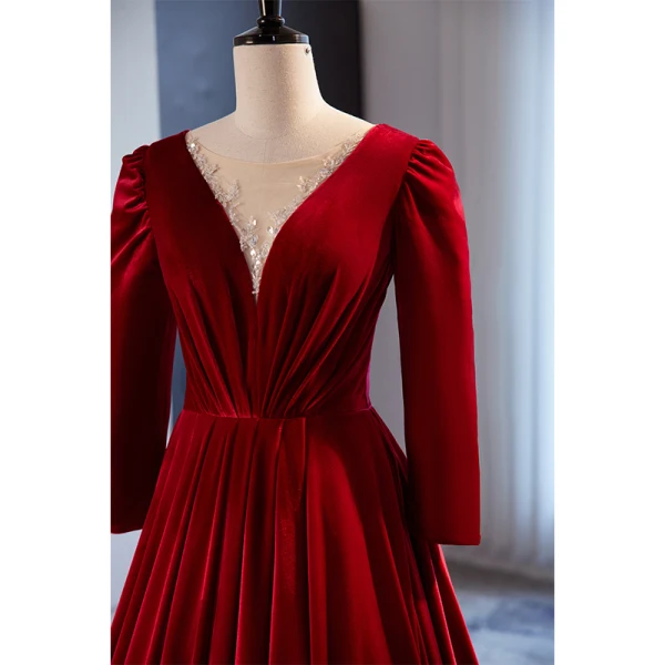Simple Bordeaux Daim Velour Robe De Bal 2023 Princesse Encolure Dégagée Perlage Paillettes 3/4 Manches Longue Promo Robe De Ceremonie