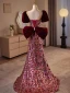 Scintillantes Bordeaux Paillettes Fleur Robe De Bal 2024 Trompette / Sirène Encolure Carrée Manches Courtes Dos Nu Noeud Train De Balayage Promo Robe De Ceremonie