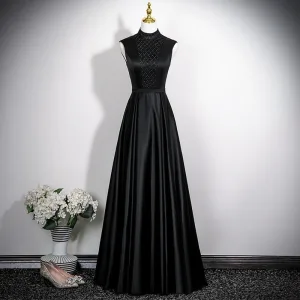 Vintage Originale Noire Satin Robe De Bal 2025 Princesse Col Haut Sans Manches Dos Nu Longue Robe De Ceremonie
