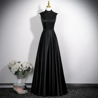 Vintage Originale Noire Satin Robe De Bal 2025 Princesse Col Haut Sans Manches Dos Nu Longue Robe De Ceremonie