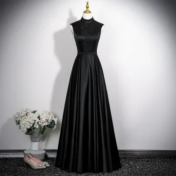 Vintage Originale Noire Satin Robe De Bal 2025 Princesse Col Haut Sans Manches Dos Nu Longue Robe De Ceremonie
