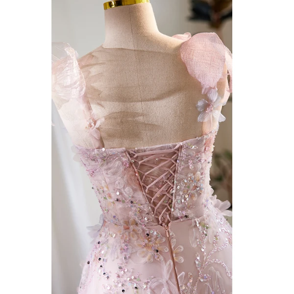 Flower Fairy Blushing Pink Appliques Sequins Prom Dresses 2023 A-Line / Princess V-Neck Sleeveless Backless Floor-Length / Long Prom Formal Dresses