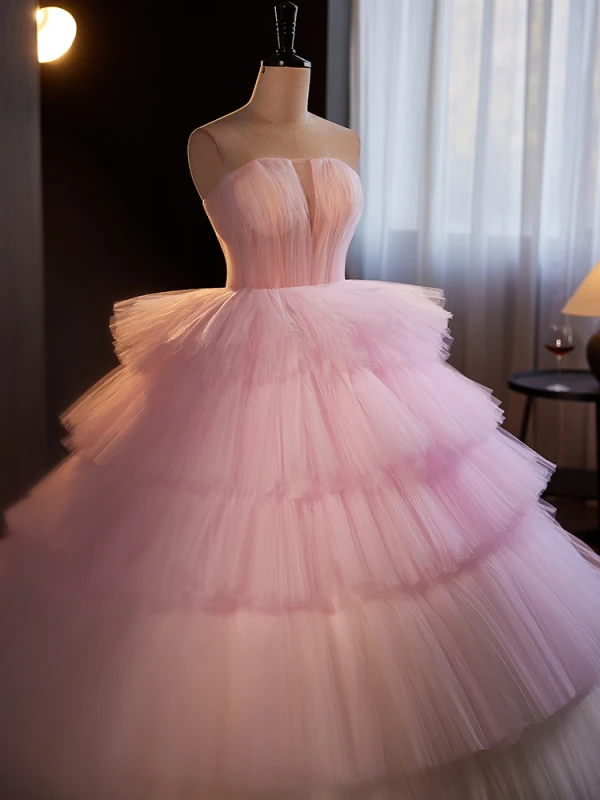 Charmant Rougissant Rose Volants en Cascade Volants Robe De Bal 2024 Robe Boule Bustier Sans Manches Dos Nu Train De Balayage Promo Robe De Ceremonie