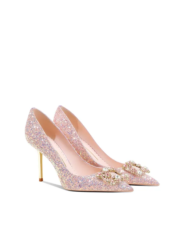Glitzernden Rosa Strass Pailletten Brautschuhe 2024 8 cm Stilettos Spitzschuh Hochzeit Pumps Hochhackige