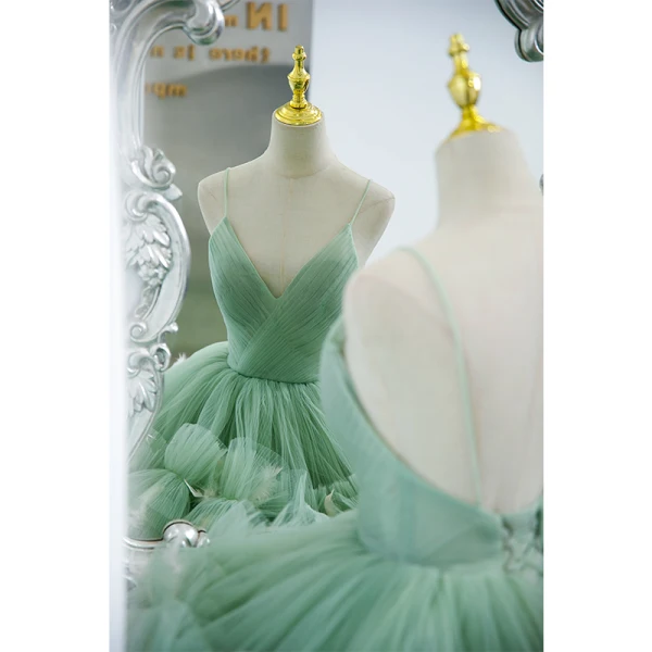 Charming Sage Green Cascading Ruffles Prom Dresses 2022 Ball Gown Spaghetti Straps Sleeveless Backless Court Train Formal Dresses