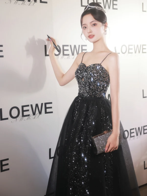 Sparkly Sexy Black Sequins Evening Dresses 2023 A-Line / Princess Spaghetti Straps Sleeveless Backless Floor-Length / Long Evening Party Formal Dresses