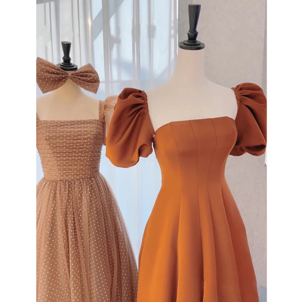 Vintage / Retro Brown Princess Prom Dresses 2021 Square Neckline Crossed Straps Floor-Length / Long Ruffle Tulle Satin Short Sleeve Formal Dresses