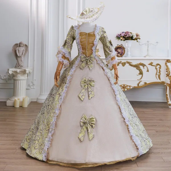 Vintage / Retro Medieval Gold Printing Bow Lace Flower Prom Dresses 2025 Ball Gown Square Neckline Bell sleeves Floor-Length / Long Formal Dresses