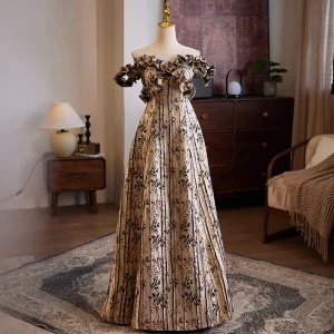 Vintage Originale Marron Impression Robe De Bal 2024 Princesse De L Épaule Sans Manches Dos Nu Longue Promo Robe De Ceremonie