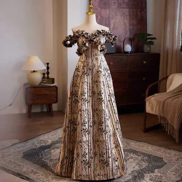 Vintage / Retro Brown Printing Prom Dresses 2024 A-Line / Princess Off-The-Shoulder Sleeveless Backless Floor-Length / Long Prom Formal Dresses