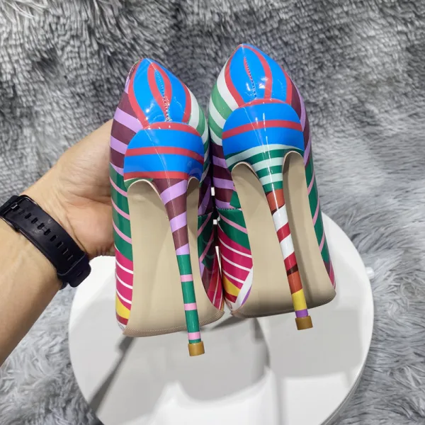 Unusual Multi-Colors Stripe Prom Pumps 2023 Patent Leather 12 cm Stiletto Heels Pointed Toe Pumps High Heels