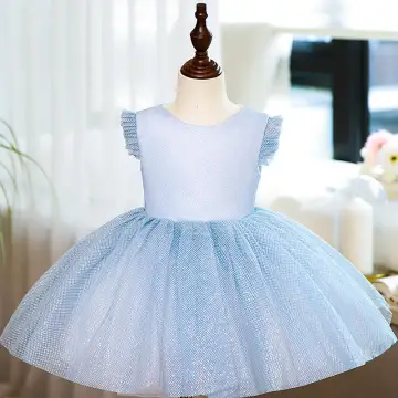 Modest Simple Sky Blue Glitter Spotted Birthday Flower Girl Dresses 2022 Ball Gown Scoop Neck Short Sleeve Bow Short Flower Girl Dresses