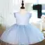 Modest / Simple Sky Blue Glitter Spotted Birthday Flower Girl Dresses 2022 Ball Gown Scoop Neck Short Sleeve Bow Short Flower Girl Dresses