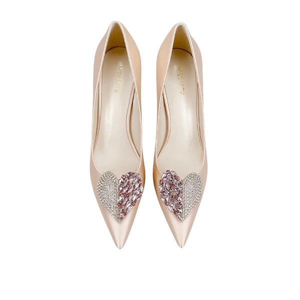 Charming Champagne Heart-shaped Rhinestone Wedding Shoes 2022 Leather 8 cm Stiletto Heels Pointed Toe Wedding Shoes Pumps High Heels